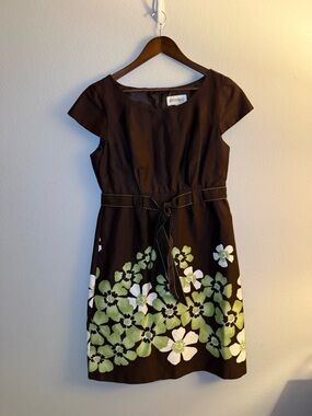 Studio I Brown Midi Dress with Green & White Floral Hem